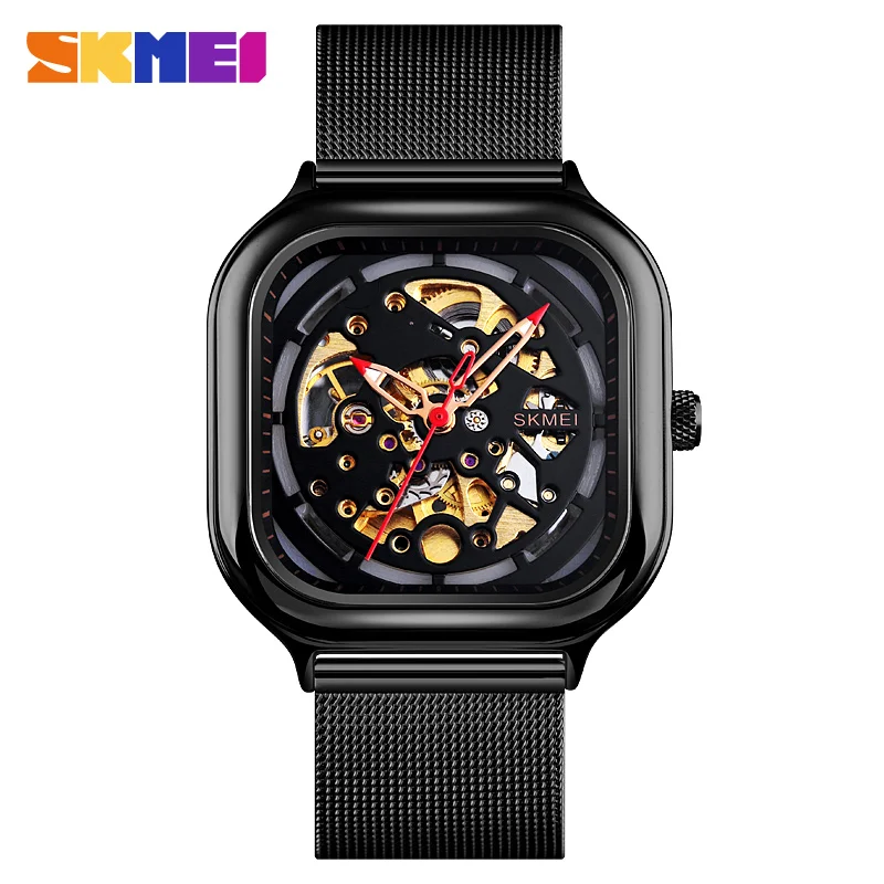 SKMEI 9184 Luxury Men Women Skeleton Automatic Mechanical Watch Male Couple Vintage Clock Relogio Masculino For Drop Shipping - Цвет: Черный