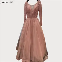 Дубай, розовые вечерние платья с v-образным вырезом, на шнуровке,, длинные рукава, с блестками, с бисером, ТРАПЕЦИЕВИДНОЕ длинное вечернее платье, Serene hilm LA70237