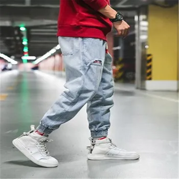 

Japanese Style Fashion Men Jeans Vintage Designer Loose Fit Denim Cargo Pants Streetwear Hip Hop Harem Jeans Male