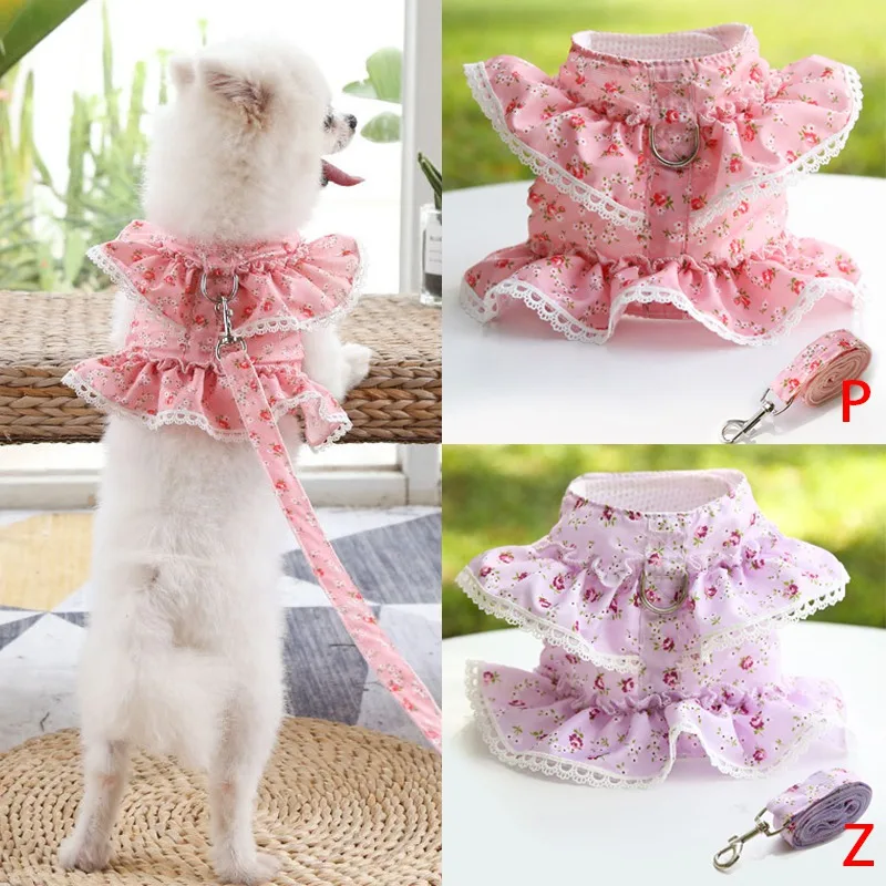 

Dog Cat Harness Leash Set Adjustable Lace Floral Printed Pet Harness Vest Cute Dog Dress Pubby Mesh Harness Cat Walking Lead