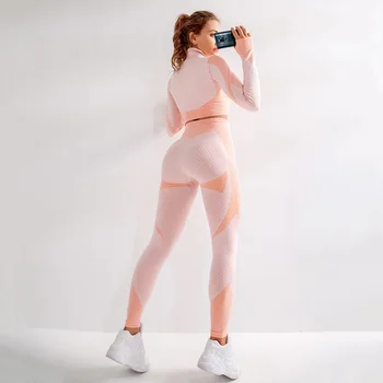 

2020 Fashion High Waist Fitness Leggings Casual Seamless Suit Push Up Women Workout 2 Pcs Set Fitness Seamless Suit