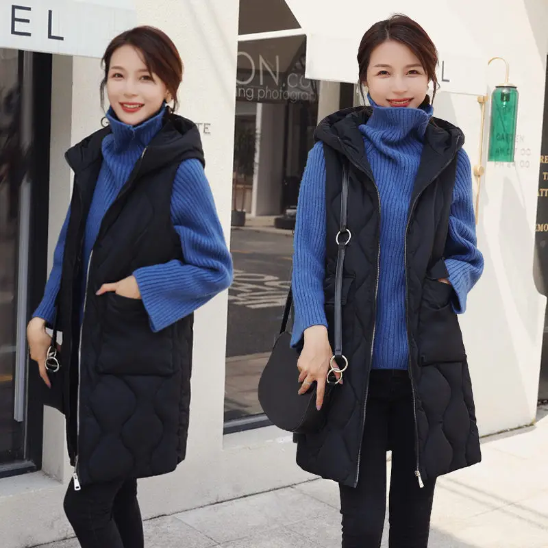 

Long Down Cotton Coat Sleeveless Vest Women's Jacket 2019 New Autumn and Winter Large Size Waistcoat Korean Outwear Hooded f1608