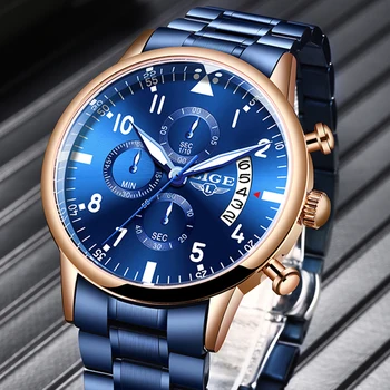 

Relogio Masculino 2020 LIGE New Fashion Mens Watches Top Brand Luxury Blue Stainless Steel Sports Chronograph Quartz Watch Men
