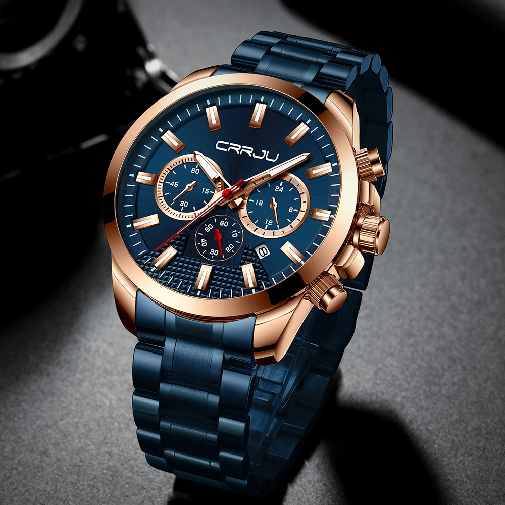 Crrju New Fashion Stainless Steel Mens Watches Top Brand Luxury Multi-Function Chronograph Quartz-3