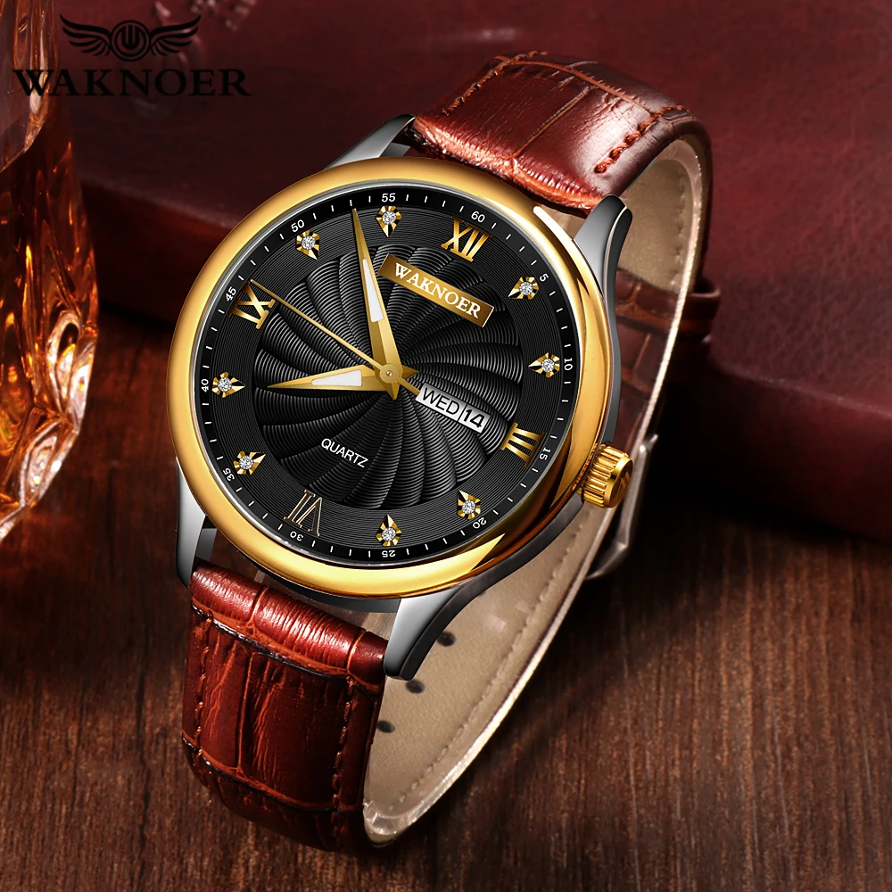 

WAKNOER Fashion Leather Men's Watch Business Quartz Watch Men Waterproof Watch Auto Date Watches Clock Reloj Hombre