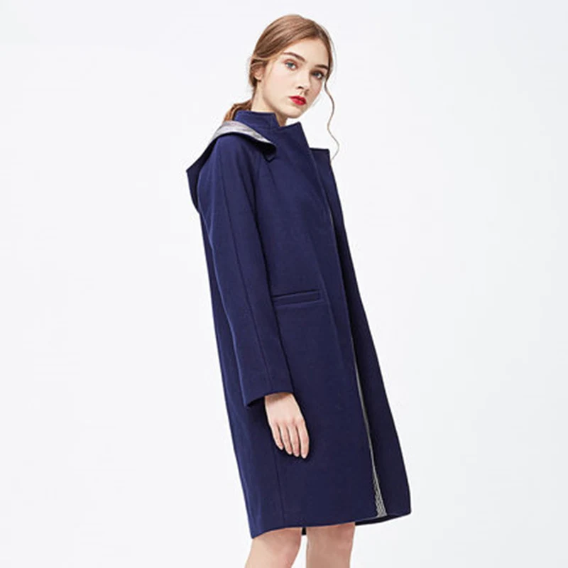 

Striped Winter Women New Autumn Hooded Drop Shoulder Covered Button Wide Waisted Wool Coat Female Loose Casual Tweed Coat ZX1118
