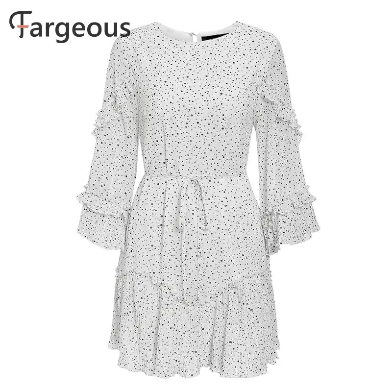 Fargeous леди Повседневное платья в белый горошек для девочек короткие вечерние платья Для женщин Высокая Талия рюшами Плиссированное мини-платье Feminino летнее шифоновое платье, Vestido