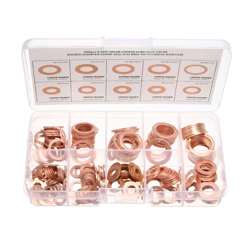 200pcs M5-M14 Solid O Ring Shape Copper Washer Gasket Seal Flat Ring Fuel Hydraulic Fittings Set Accessories