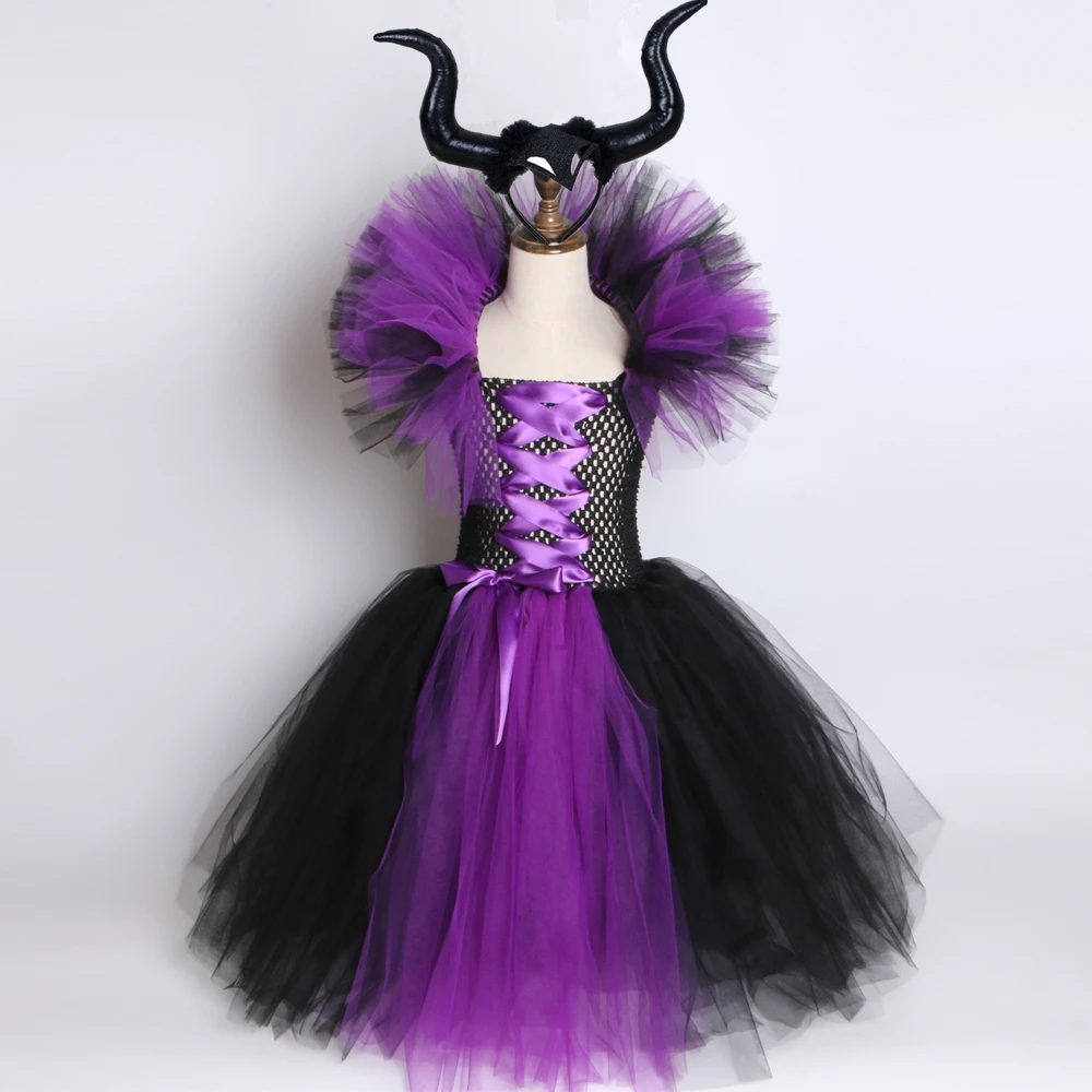 Maleficent/платье-пачка с рогами и крыльями злой королевы; нарядное платье для девочек; карнавальные вечерние платья для детей; костюм ведьмы для косплея на Хэллоуин