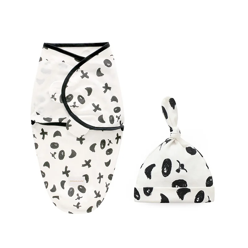 Black panda L Комплект из 2 предметов, пеленка для новорожденных+ шапочка, хлопковое детское одеяло, постельные принадлежности, милый спальный мешок для младенцев 0-6 месяцев - Цвет: Black panda L