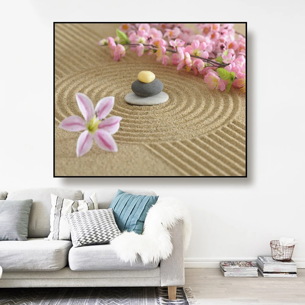 Canvas Art Painting Flowers and stacked stones on fine sand Art Poster Picture Wall Decor Home Decoration For Living room Canvas Art Painting Flowers and stacked stones on fine sand Art Poster Picture Wall Decor Home Decoration For Living room