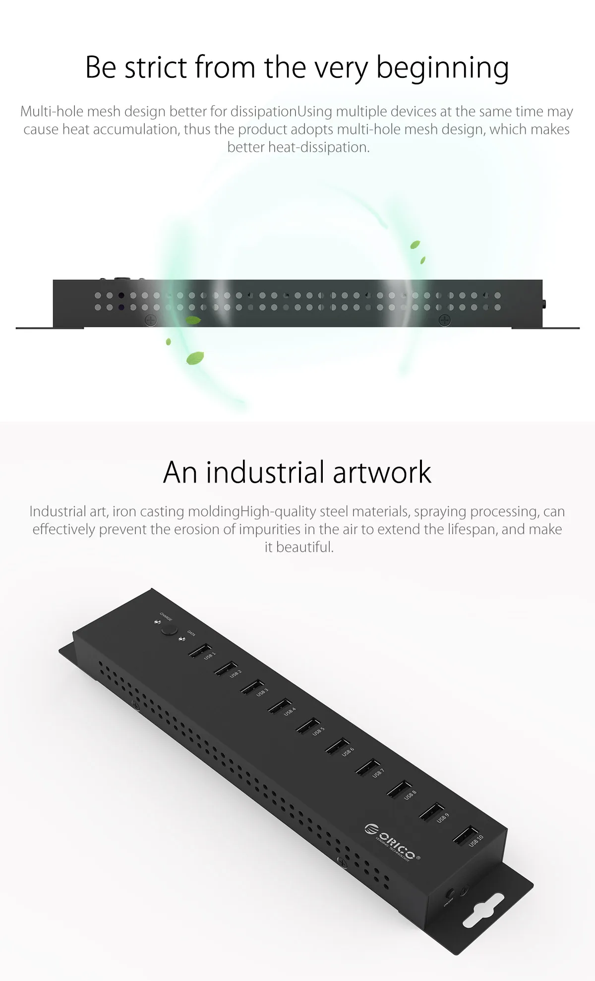 ORICO 10 портов USB 2,0 промышленный концентратор с 12V5A адаптером питания 60 Вт Отдельный модуль питания Поддержка зарядки для Windows Mac Linux