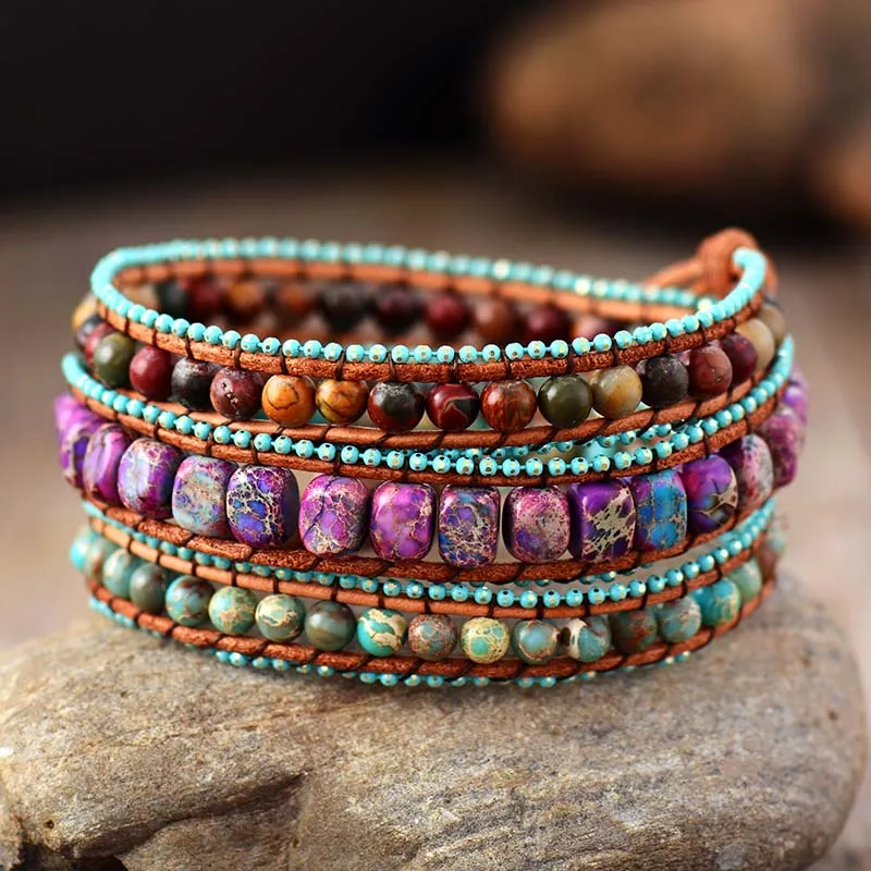 Bohemian Vintage Leather Wrap Bracelets W/ Mix Jaspers Stone 3 Strands Bracelet Bohemian Women Jewelry Bijoux Dropship - Image 3