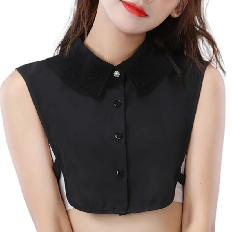 Womens Layered Wrinkled Chiffon Lapel Fake Collar Rhinestone Button Half Shirt |