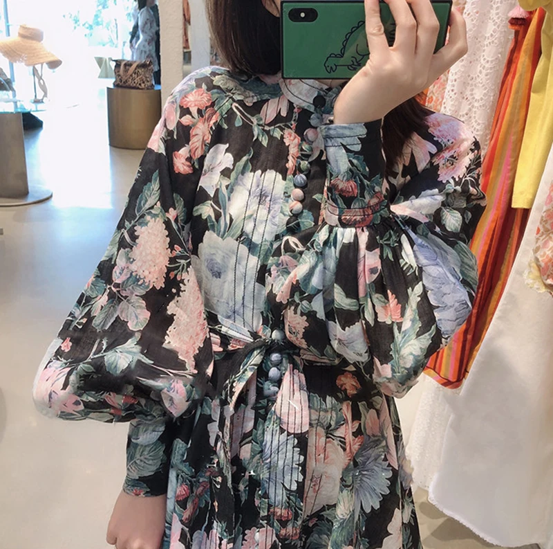 Осенние женские Платья с цветочным принтом винтажное мини-платье ZIM Sash с длинным рукавом-фонариком элегантная женская мода