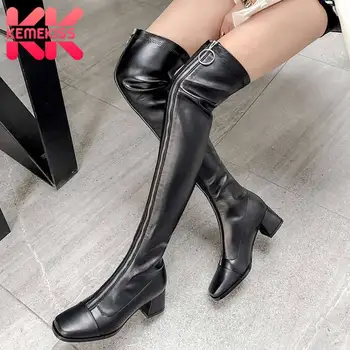 

KemeKiss Over The Knee High Boots For Women Winter Sexy Zipper Shoes Women Fashion Square Heel Party Ladies Footwear Size 33-40