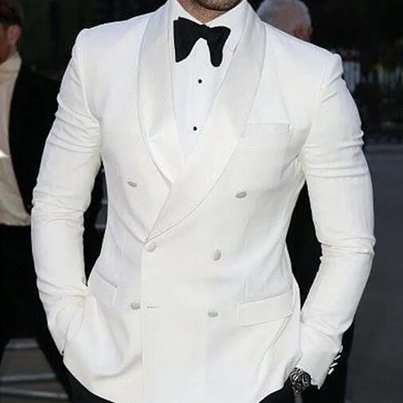 

White Slim Fit Man Suits with Double Breasted for Wedding Groom Tuxedo 2 Piece Prom Stage Clothes Set Jacket Black Pants