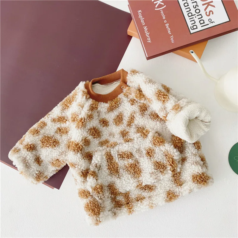 Children Winter New Boys and Girls Lamb Wool with Plush Thickened Leopard Pullover Round Neck Sweater Newborn Kids Hooded
