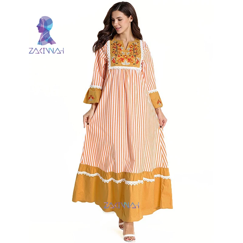 7731 оранжевое Полосатое мусульманское Макси платье с цветочной вышивкой и