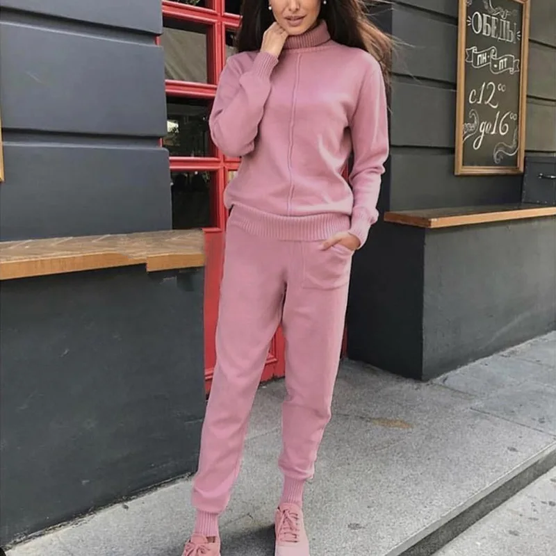 Autumn Winter 2 Piece Set Knit Pants Sporting Suit Femme Clothing 2019 Women Knitted Tracksuit Turtleneck Sweater Casual | Женская