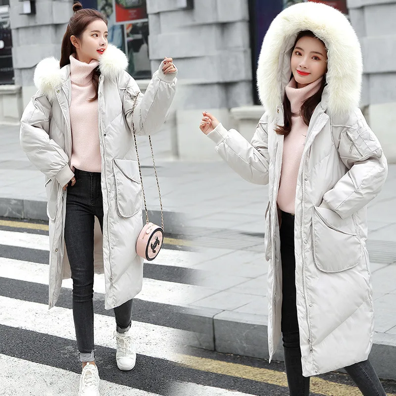 

New Style Fashion Korean-style Fur Collar Mid-length Cotton-padded Clothes Sweet Elegant Smart Fresh Solid Color Coat