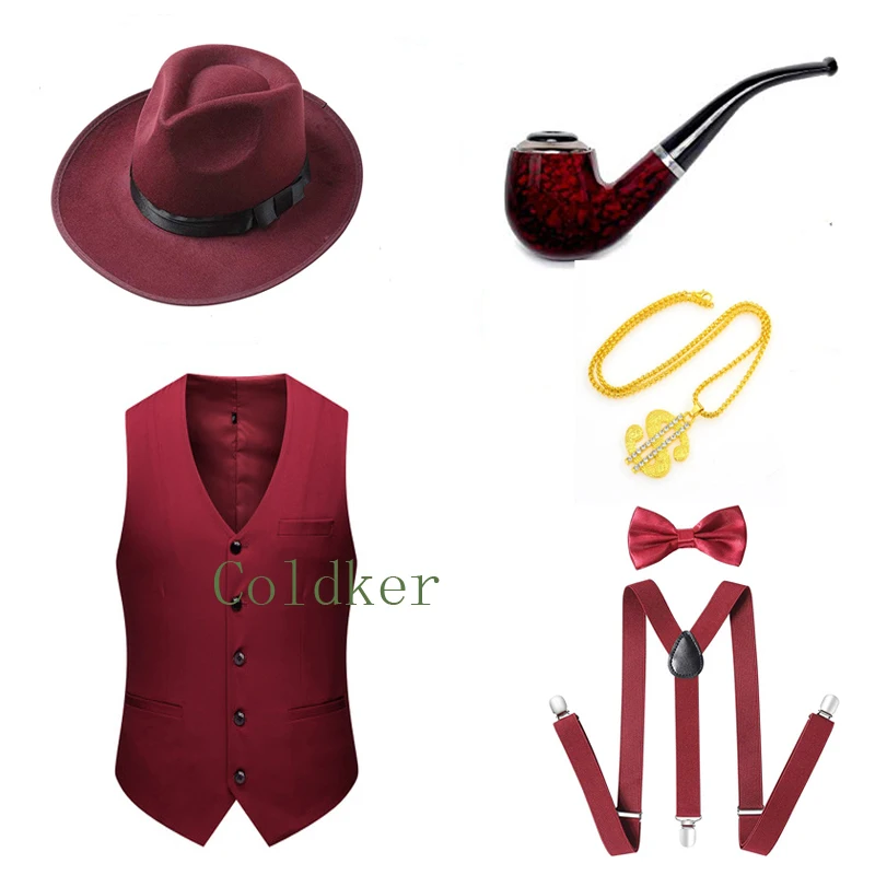 6XL размера плюс, Маскарадные костюмы, набор, 1920 s, полосатая шляпа и Гангстерский жилет, 20 s, костюм, аксессуар для джентльмена, галстук-бабочка, ожерелье - Цвет: Бежевый