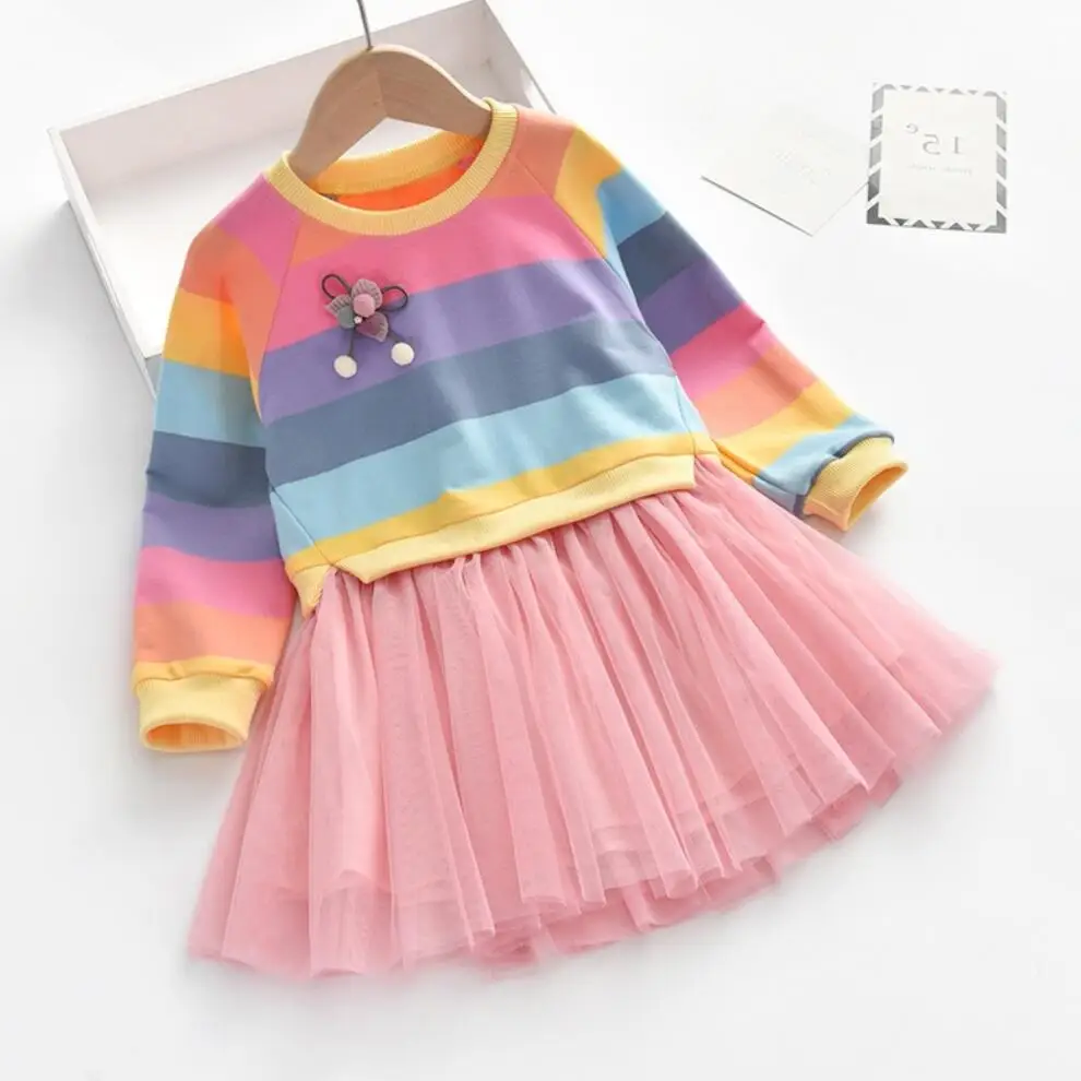 Baby Girls Dress Princess Autumn Sweater Fleece Gauze Tutu Dresses Children Clothing Long Sleeve Rainbow Stripes Dress For Girls girls dress maxi dress princess costume kids clothes
