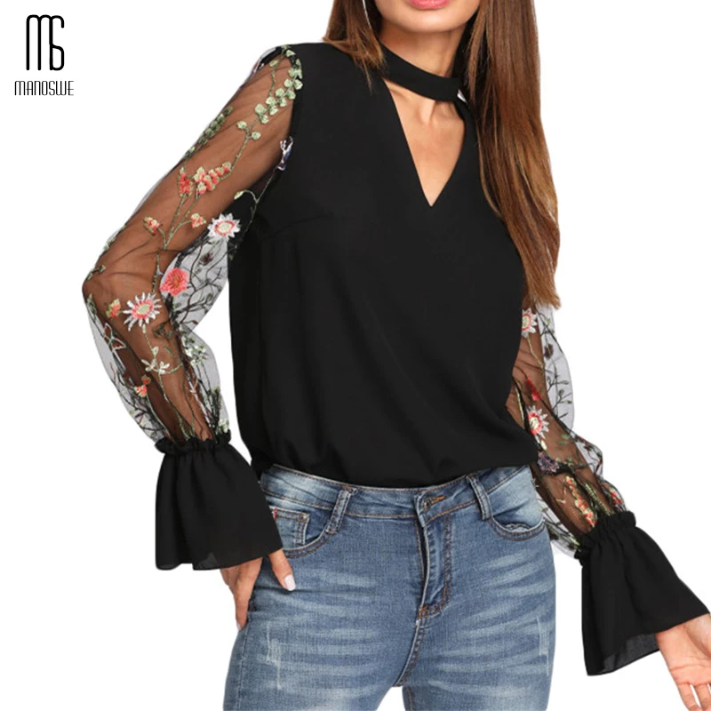 Manoswe винтажная шифоновая черная рубашка с вышивкой Женская мода 2020 однотонная