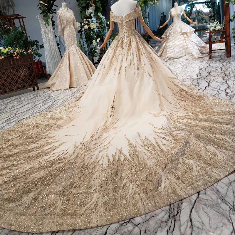 HTL786 Elegant Long Evening Gown 2020 Sequined Off Shoulder Sweetheart Golden Lace Dresses Evening Vestidos De Noche Elegantes 3