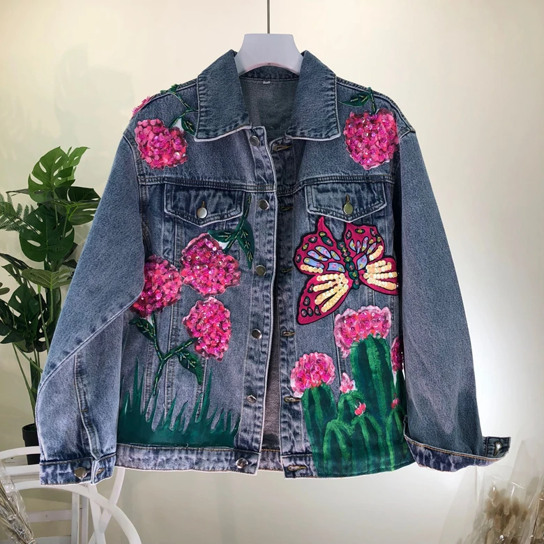

2020 New Spring Autumn Fashion Heavy Nail Bead Flower Butterfly Sequin Long Sleeved Denim Jacket Women's High Quality Jeans Coat