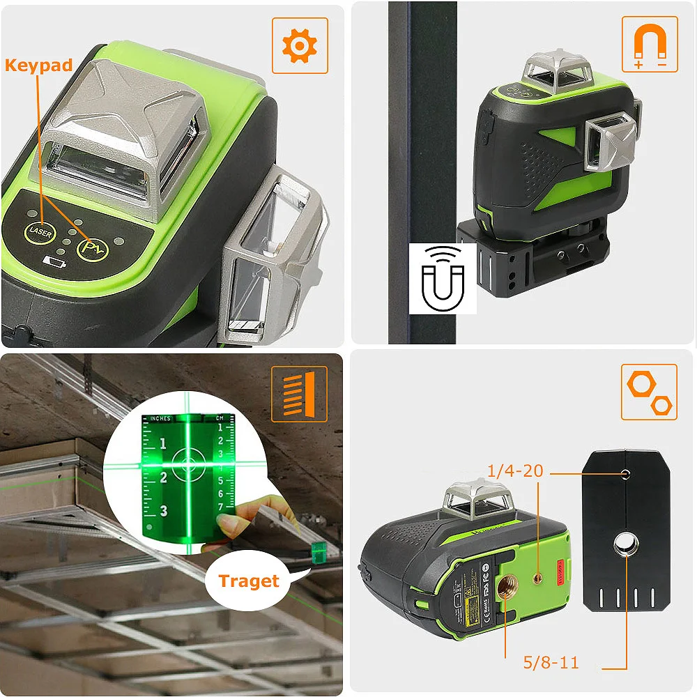 Huepar, 12 линий, 3D перекрестный лазерный уровень, самонивелирующийся 360, вертикальный и горизонтальный зеленый луч, USB зарядка с сухим и литий-ионным аккумулятором