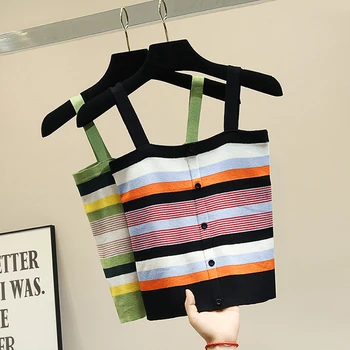 

Striped Knitted Tank Tops For Women 2020 Casual Top Striped Camis Sexy Crop Tanks Short Top Female Sleeveless Vest BB527
