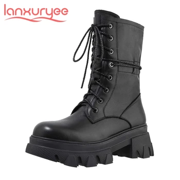 

Lanxuryee 2020 new arrival natural leather round toe thick bottom riding boots winter keep warm cross-tied mid-calf boots L77
