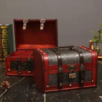 

Treasure Chest with Lock Box Cosmetics Jewelry Gift Treasure Hunt Box Wooden Crafts Decorative Ornaments