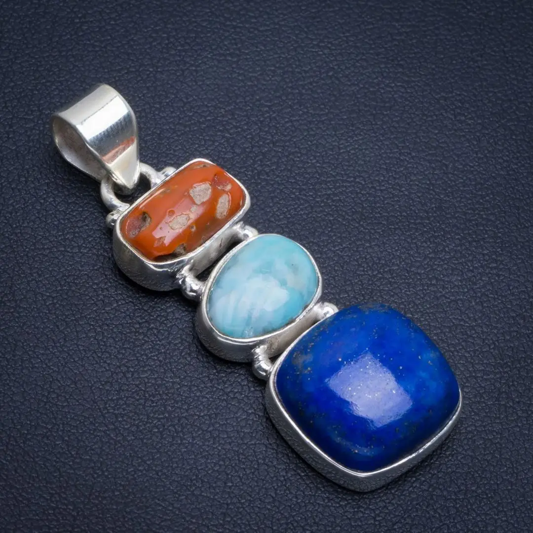 

Natural Lapis Lazuli,Caribbean Larimar&Red Coral Handmade Unique 925 Sterling Silver Pendant 2" B3976