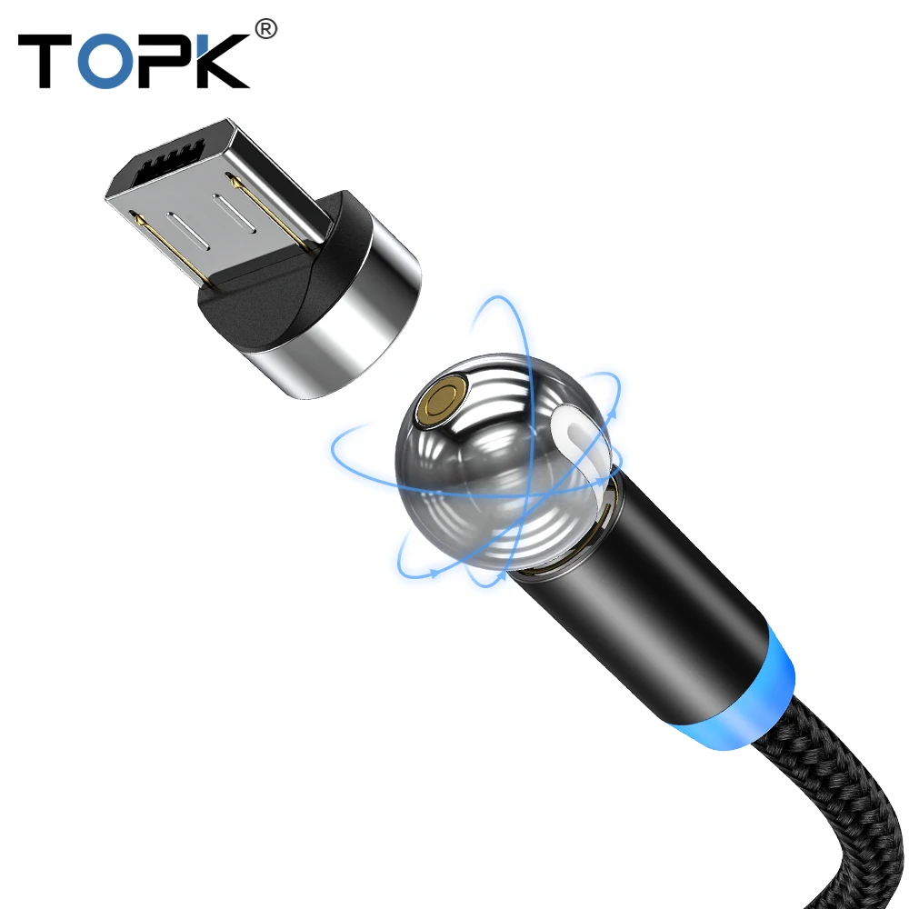 Магнитный кабель TOPK AM28, Micro USB кабель, вращающийся на 360 градусов, Магнитный зарядный шнур для телефона Xiaomi, samsung, huawei - Цвет: Black Micro Cable