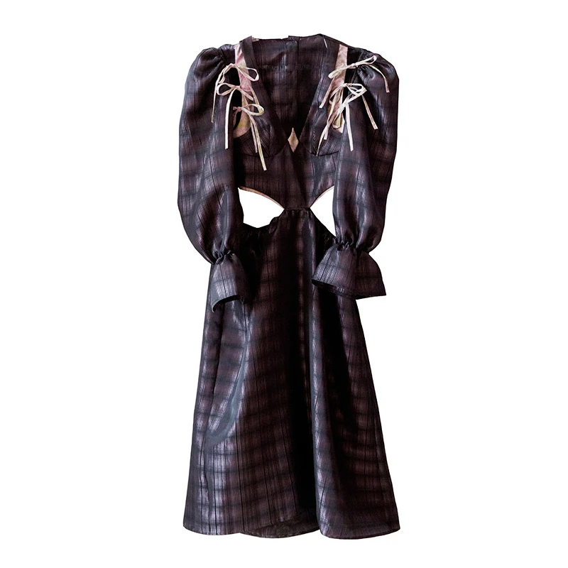 [EAM] Women Pattern Printed Hollow Out Long Dress