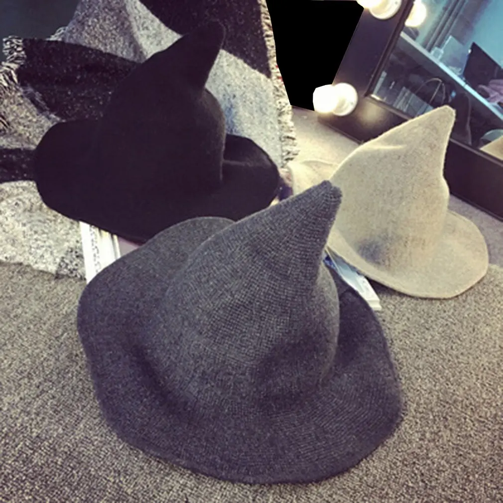 Персональная шляпа ведьмы на Хэллоуин, шапка из овечьей шерсти, вязаная шапка для рыбалки, модная женская остроконечная шляпа ведьмы