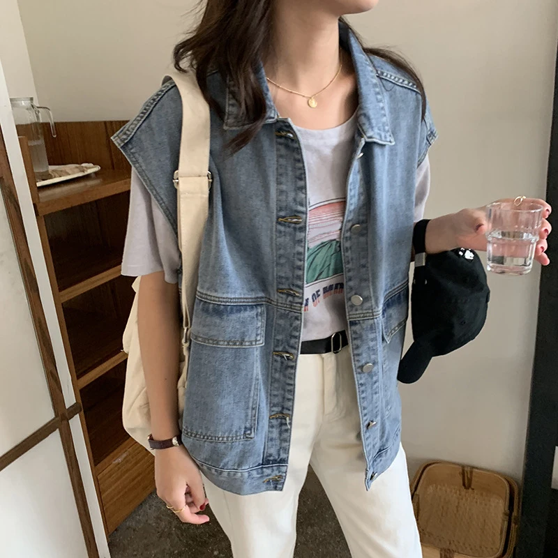 

Denim Vest Woman Streetwear Sleeveless Blue Jean Jacket 2019 Loose Safari Style Turn-down Collar Korea Autumn Clothes Women