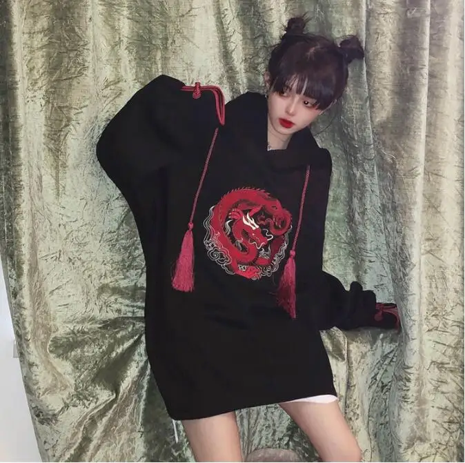 Зимний Harajuku bf стиль ретро свободный Дракон вышивка толстовка женская