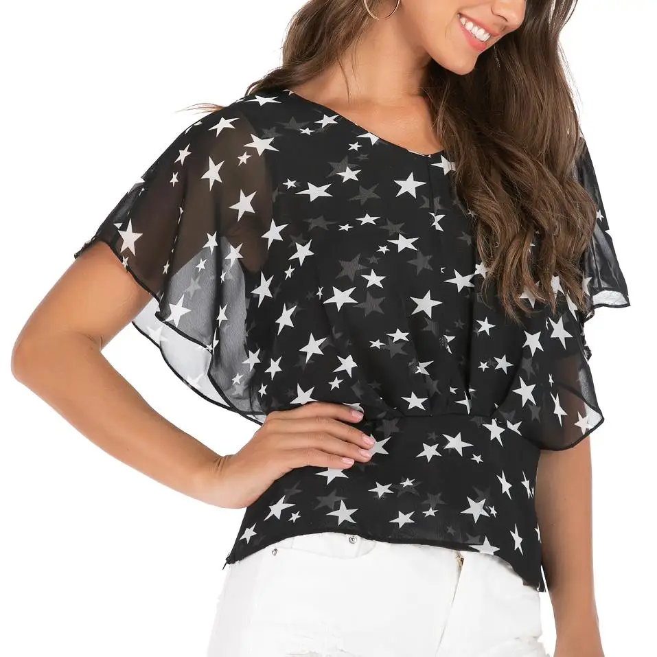 

New Arrival V-neck Bat Sleeves Trim Back Metal Buckle Side Zipper Chiffon Shirt