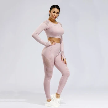 

Women's Long Sleeve Yoga Set Gym Clothing Flawless Knit Crop Top+Seamless Leggings 2 Pieces Workout Tracksuit Fitness Sport Wear