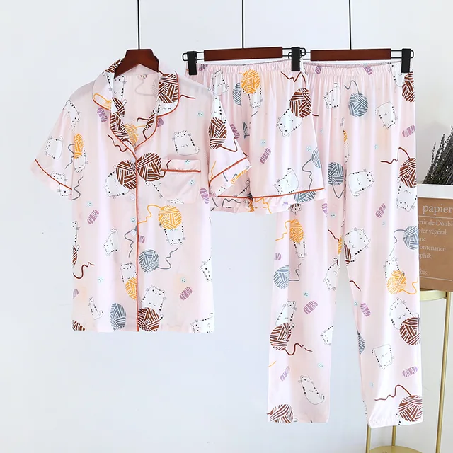 2021 New Women's Spring And Summer100%Viscose Pajamas Three-piece Short Sleeve + Shorts + Trousers Soft And Comfortable Homewear 03