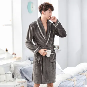 

Men Gray Winter Warm Kimono Bathrobe Gown Solid Colour V-neck Negligee Long Sleeve Home Dressing Gown Pajamas-set Sleepwear