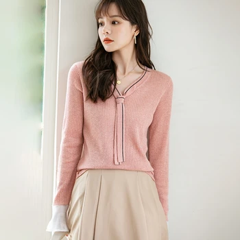 

Woman Thick Winter Autumn Knitted Pullover Elegant Glitter Sweater Mesh Patchwork OL Style Bow Tie Jacket Stripe Long Sleeve New