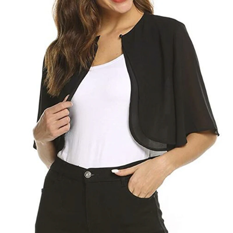 New Fashion Womens Half Sleeve Layered Open Front Loose Sheer Bolero Chiffon Shrug Cardigan Top For Wedding Party Dress Cover Up