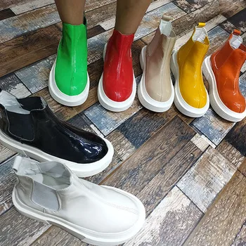 

Timalina Europe Station New Thick Bottom high-top Shoes Motorcycle Boots British Style Patent Leather Martin Boots