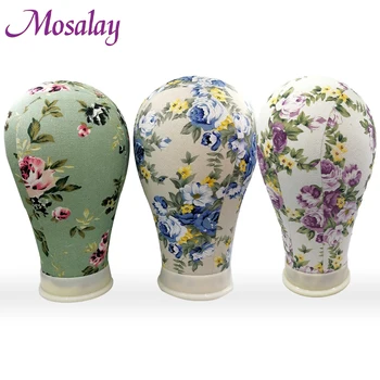 

Print Flower Canvas Covered Block Mannequin Wig Stand Head Training Doll head Used For Wig Making Hat Stocking And Display