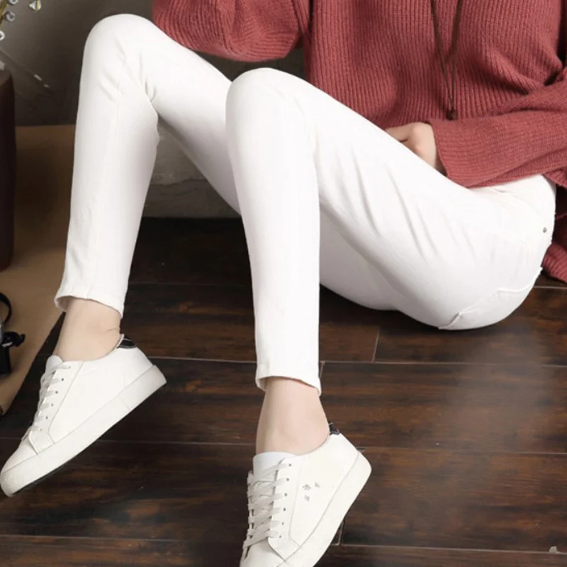 White Ankle-Length Плюс бархатные джинсы женские брюки осень зима утолщенная Высокая талия теплые студенческие эластичные брюки по щиколотку джинсовые женские брюки - Цвет: White Ankle-Length