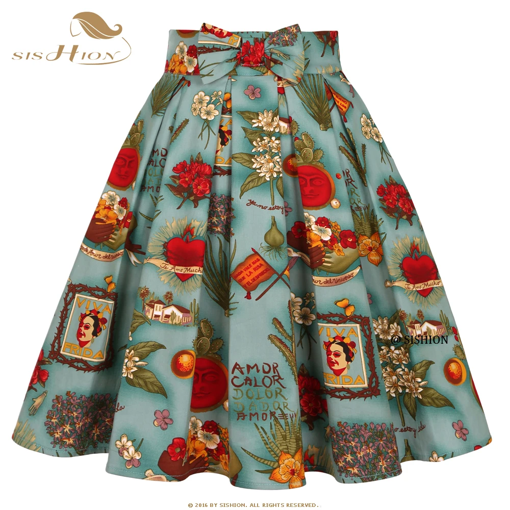 

SISHION Y2K Elegant Party Midi Pleated Skirt Pockets SS0012 Cotton Women Summer 50s 60s Floral Printed Vintage Skirt